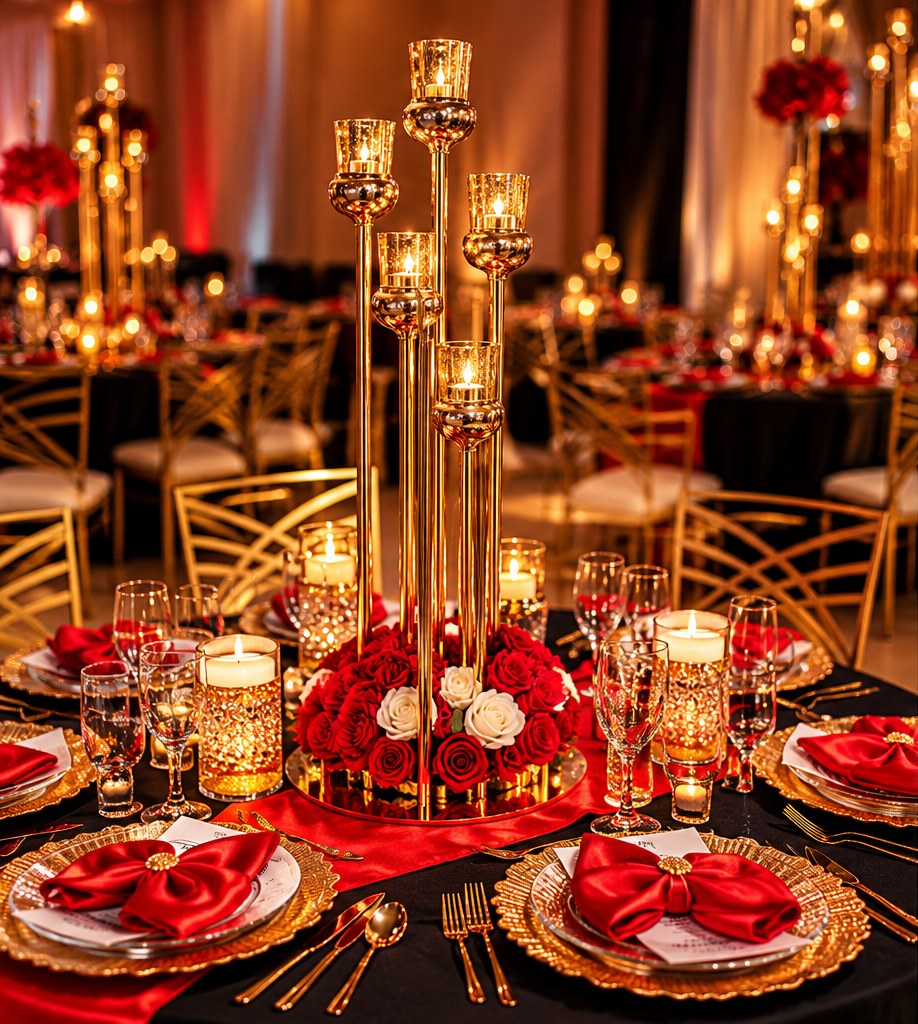 Black table with red satin runner and napkins, gold chargers, and a tall gold candelabra rising from red and ivory roses